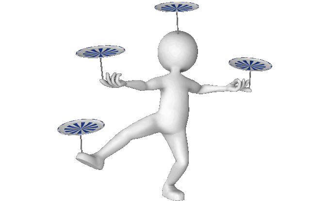 A stick person balancing plates on their body