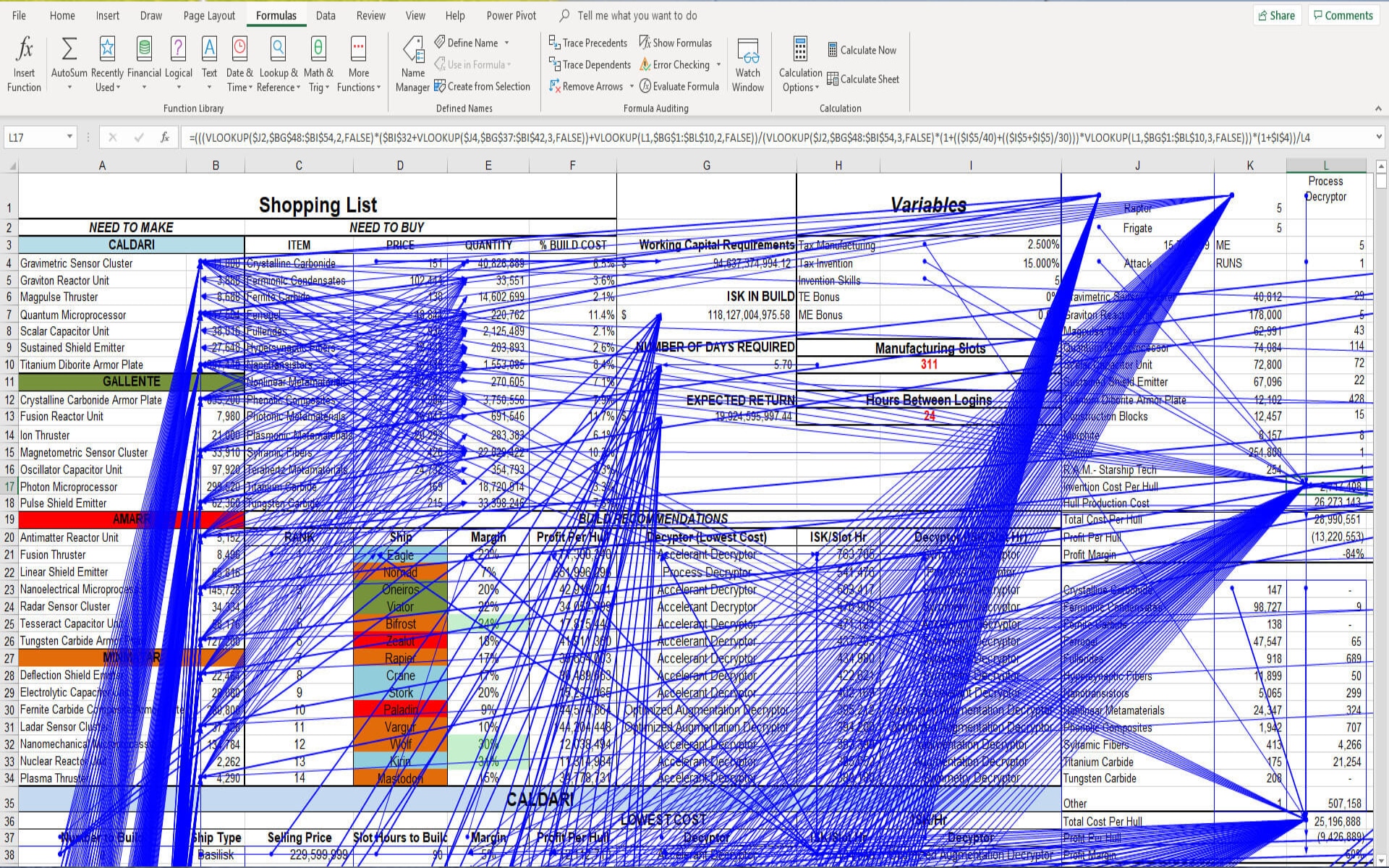 Scrreenshot of a complicated Excel spreadsheet with relationships mapped out with lines.